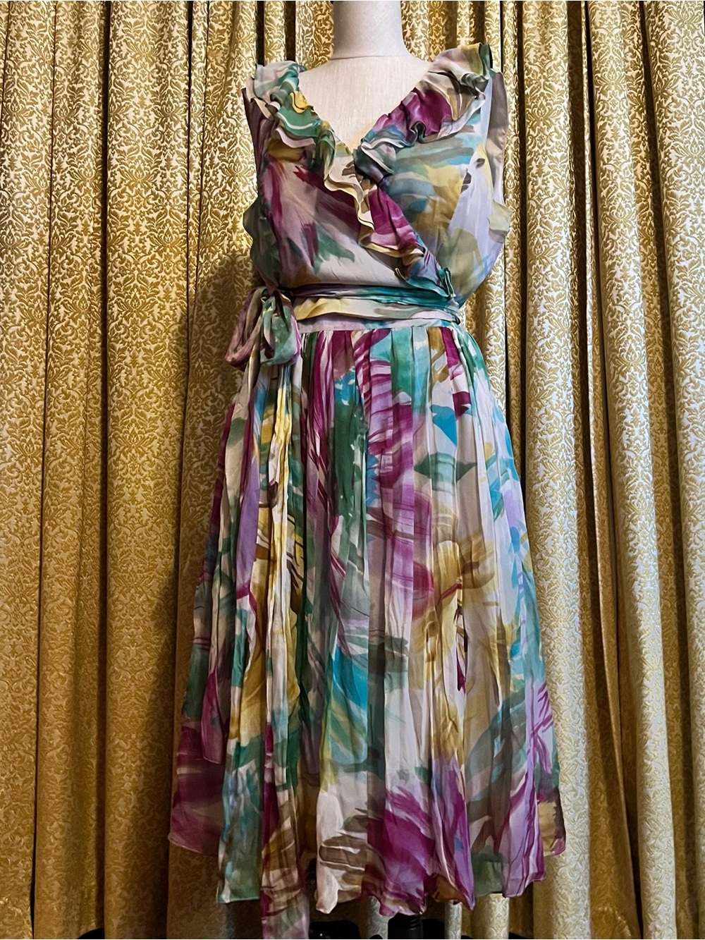Jones New York Multicolor Watercolor Ruffle Wrap Midi Dress